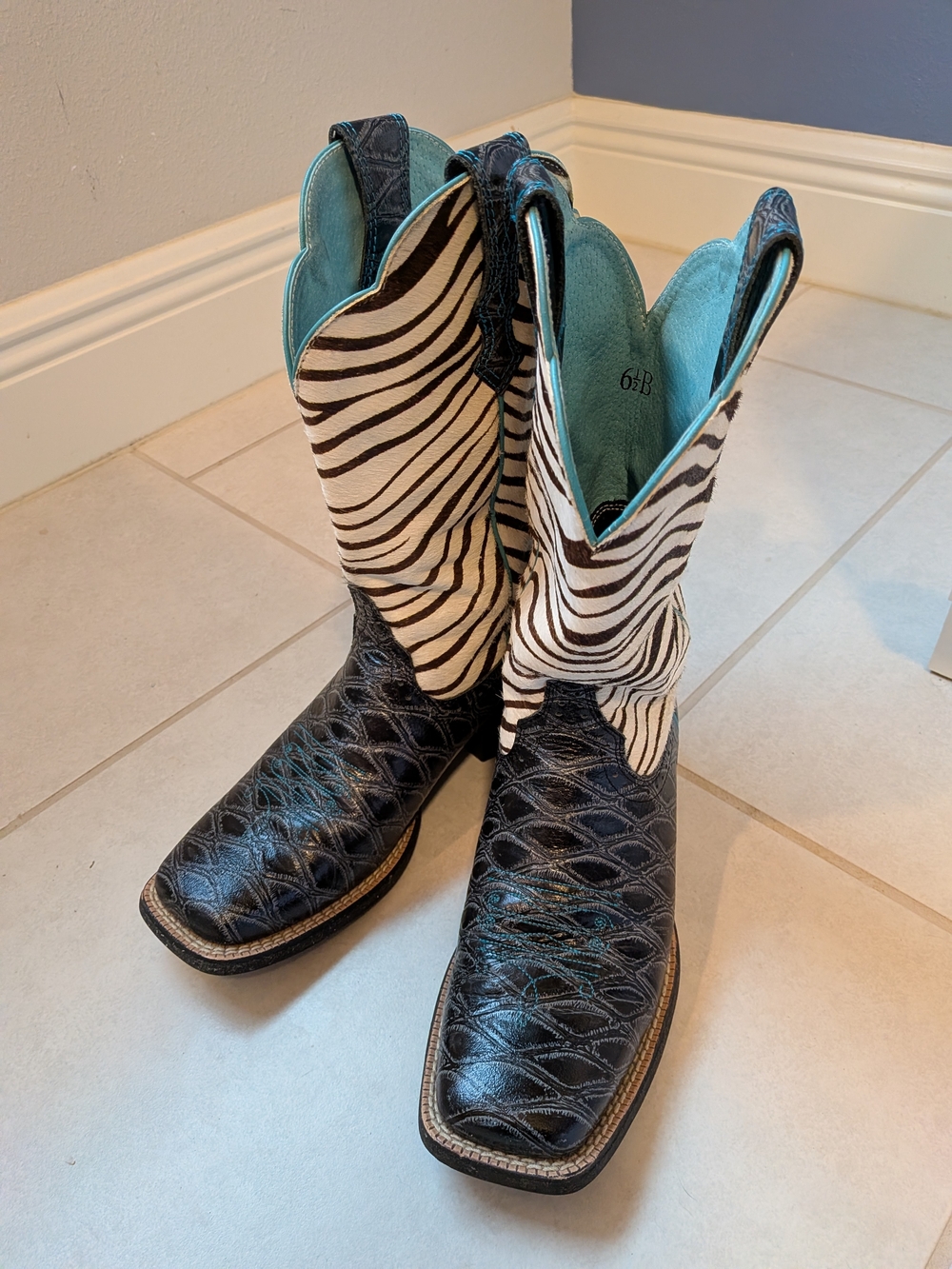 Ariat Black Zebra Leather Boots with Bright Turquoise Interior